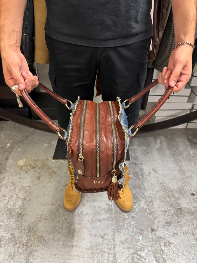 Dolce & Gabbana Blue Distressed Denim Studded Brown Leather Zips Bag - Image 3