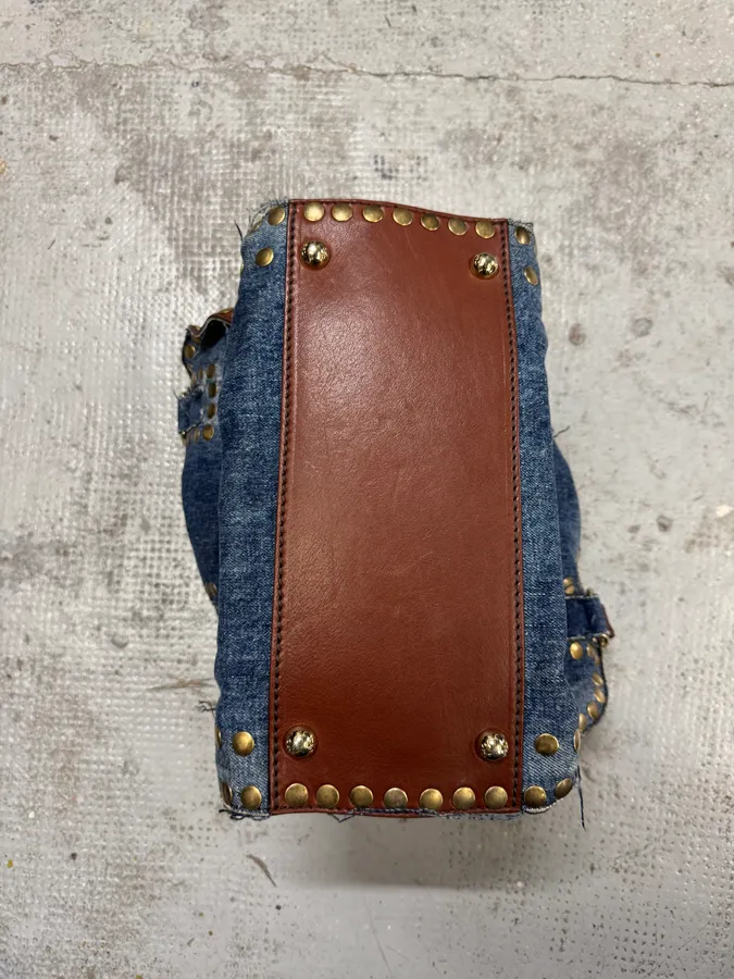 Dolce & Gabbana Blue Distressed Denim Studded Brown Leather Zips Bag - Image 9