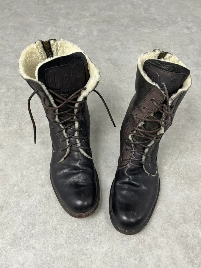 Dolce & Gabbana Brown Leather Lace-Up Boots Shearling-Lined - Image 2