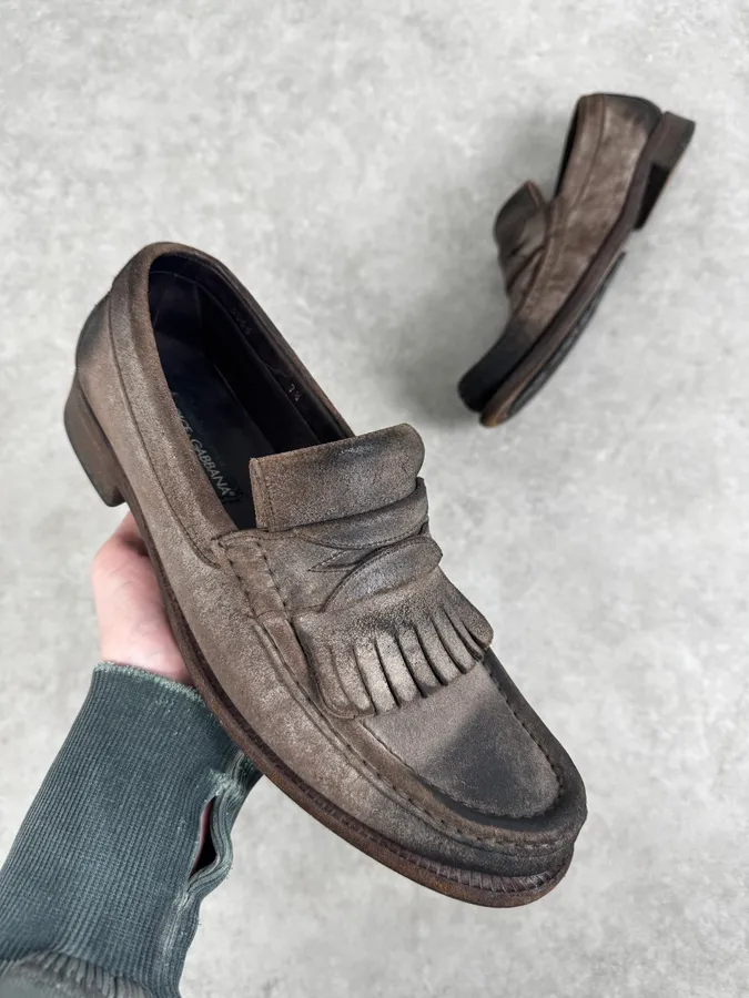 Dolce & Gabbana Grey Suede Fringes Loafer