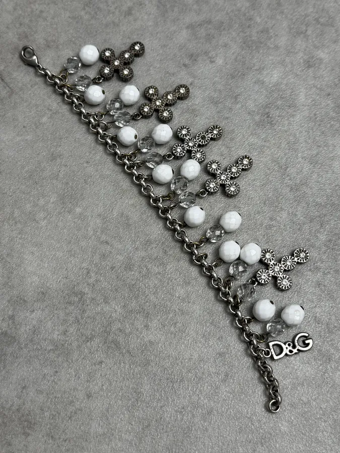 Dolce & Gabbana Silver Metal Pearl Cross Charm Bracelet - Image 8