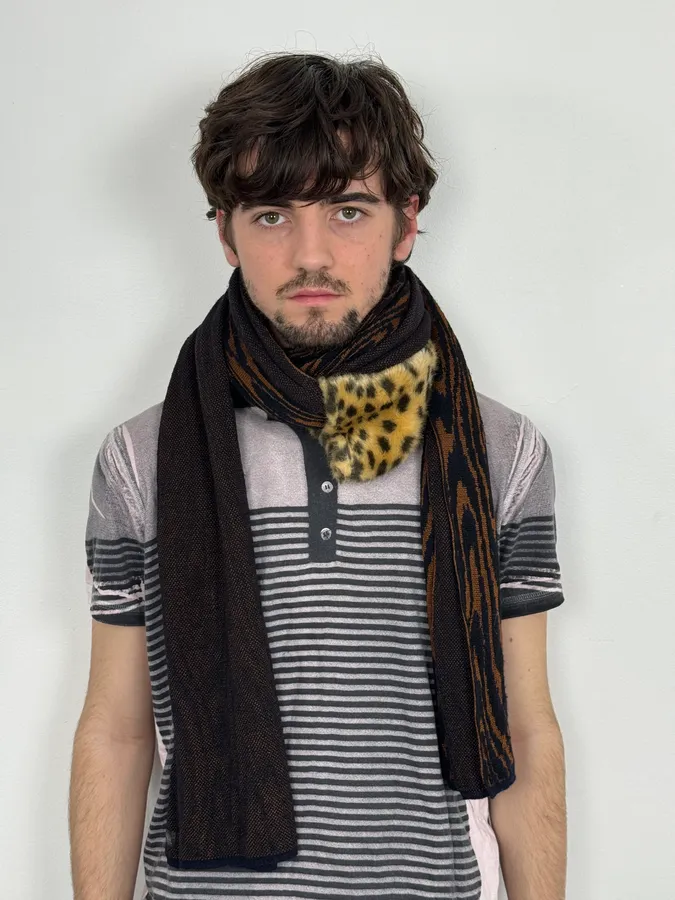Dries Van Noten Brown Knit Scarf Faux Fur Leopard Collar - Image 2
