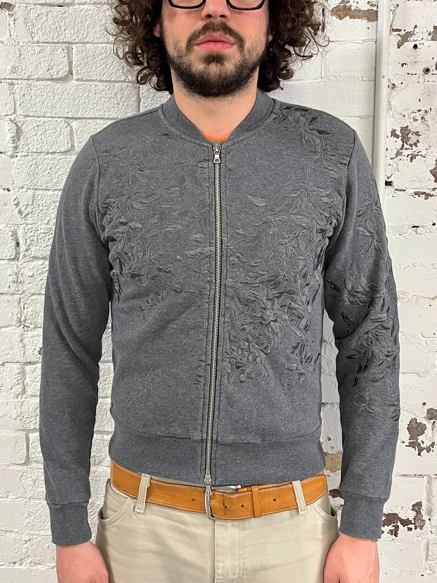 Dries Van Noten Floral Embroidered Grey Zip-Up Sweater - Image 2