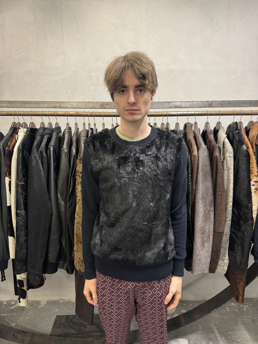 Dries Van Noten Navy Wool & Black Fur Front Sweater - Image 2
