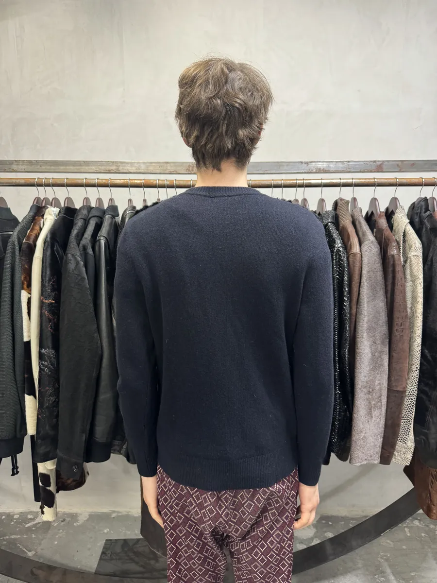 Dries Van Noten Navy Wool & Black Fur Front Sweater - Image 3