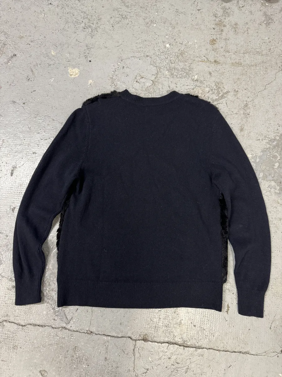 Dries Van Noten Navy Wool & Black Fur Front Sweater - Image 4