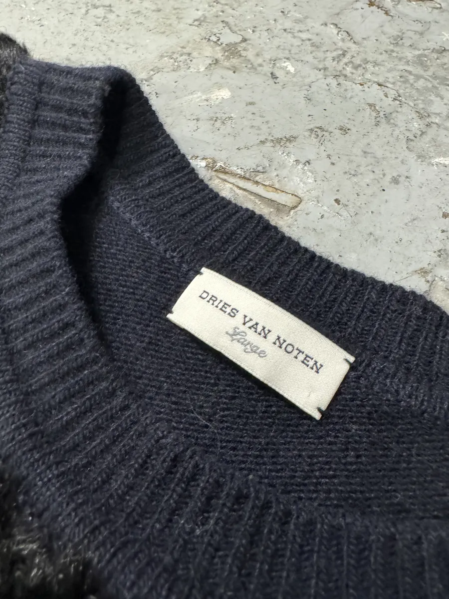 Dries Van Noten Navy Wool & Black Fur Front Sweater - Image 5