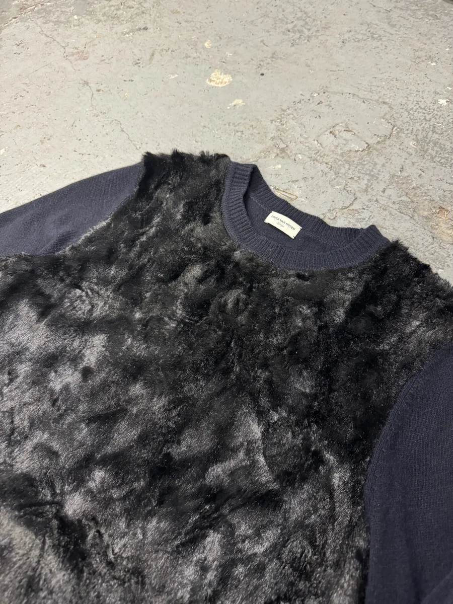 Dries Van Noten Navy Wool & Black Fur Front Sweater - Image 6