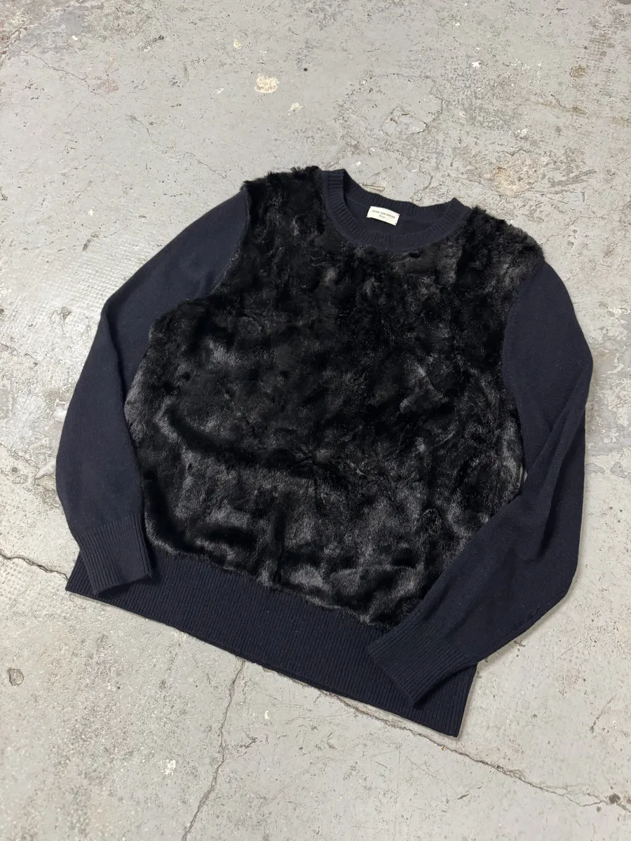 Dries Van Noten Navy Wool & Black Fur Front Sweater - Image 7