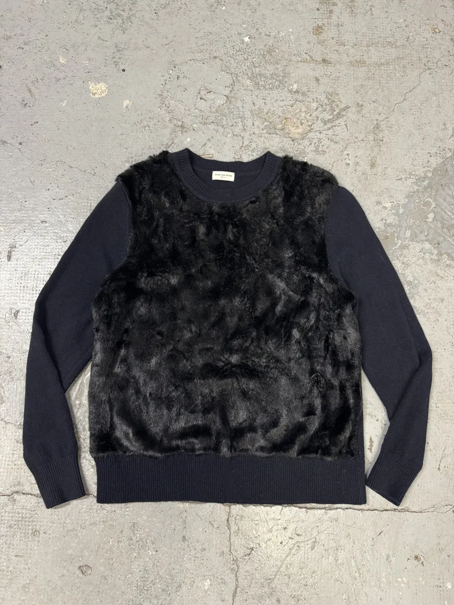 Dries Van Noten Navy Wool & Black Fur Front Sweater - Image 9