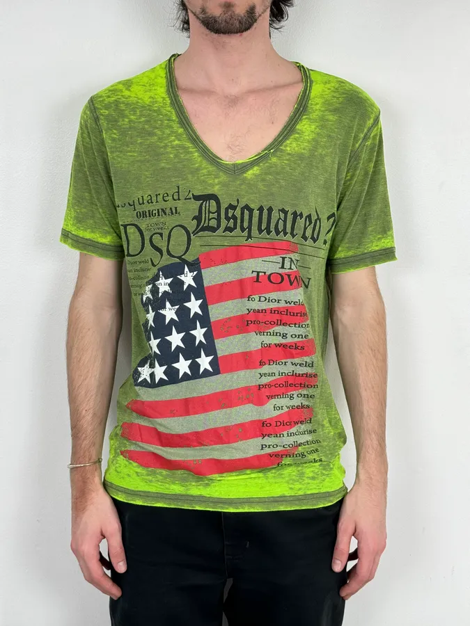 Dsquared2 Acid Green USA Flag T-Shirt - Image 2