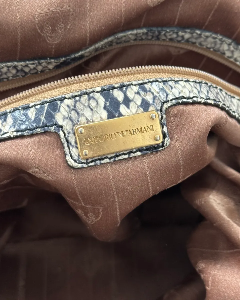 Emporio Armani Beige Python Leather Fringe Leather Handle Bag - Image 12