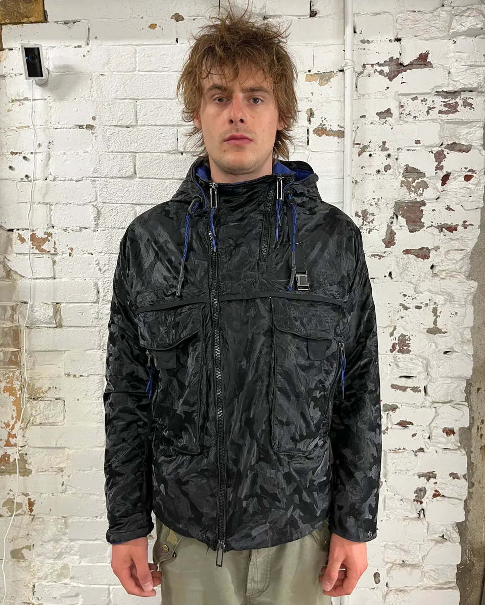 Emporio Armani Black Asymmetrical Camo Techwear Jacket - Image 2