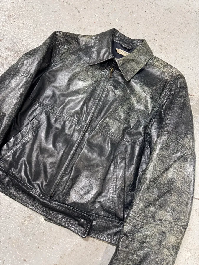 Emporio Armani Distressed Green Black Leather Jacket - Image 2