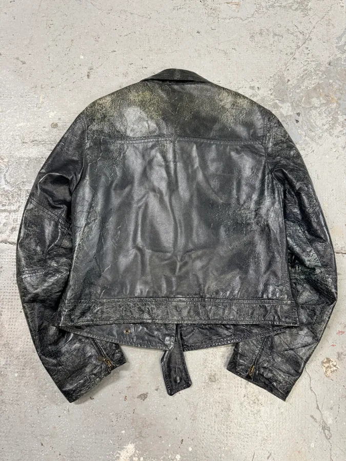 Emporio Armani Distressed Green Black Leather Jacket - Image 4