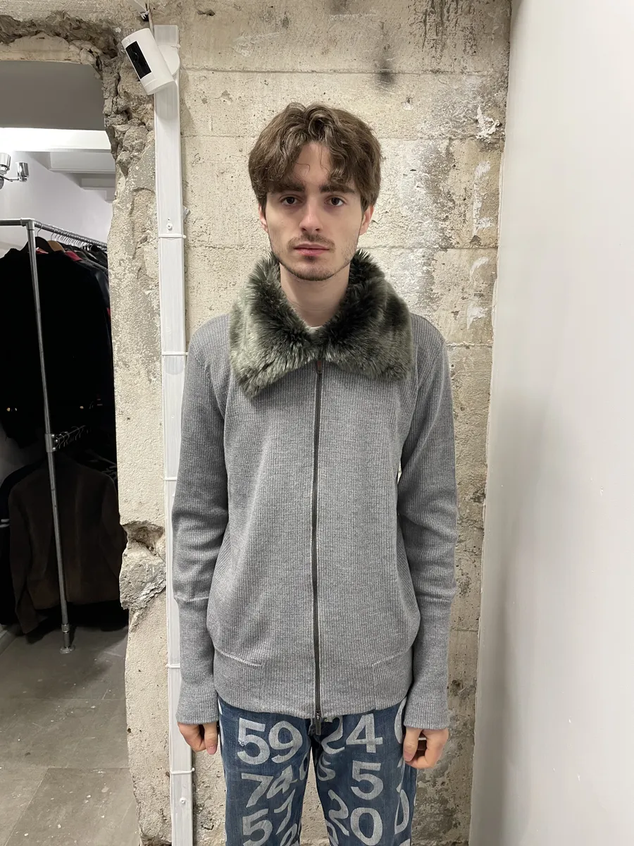 Emporio Armani Grey Fur Collar Zip-up Sweater