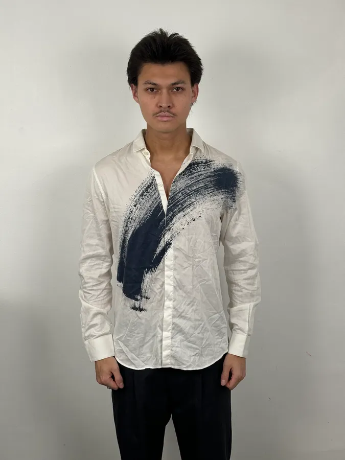 Emporio Armani White & Navy Paint Trace Abstract Shirt - Image 2