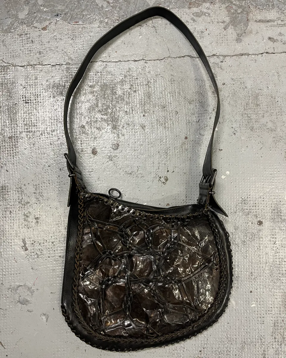 Fendi Black & Brown Cracked Leather Woven Shoulder Bag