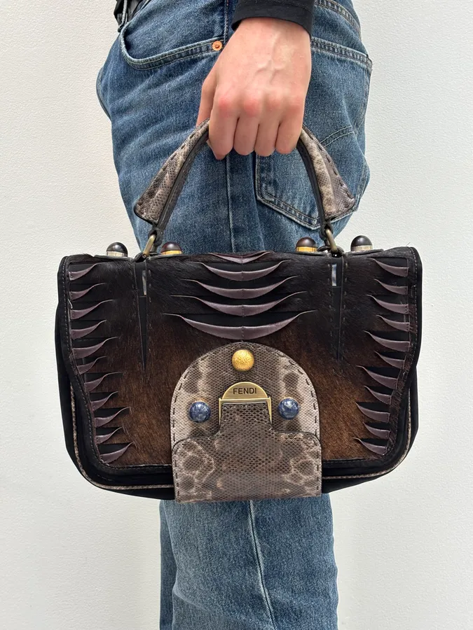 Fendi Brown Leather Fringe Fur Handle Bag - Image 3