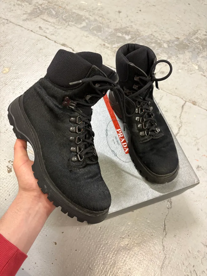 FW1999 Prada Black High Ponyhair Leather Vibram Boots