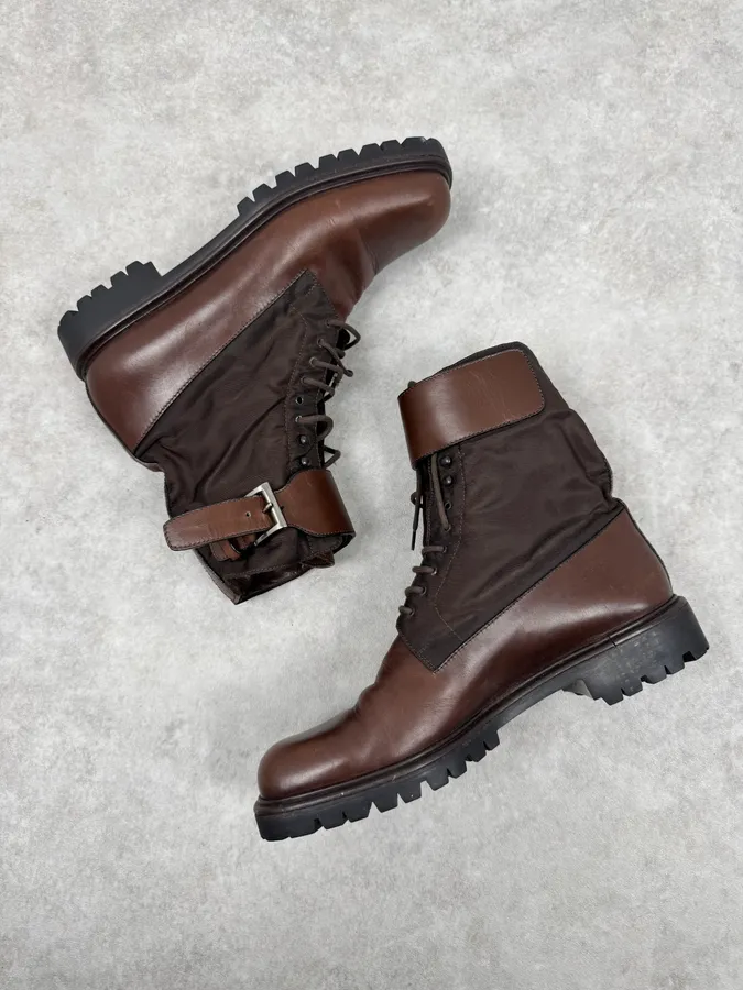 FW1999 Prada Brown Leather High Ankle Military Boots - Image 2