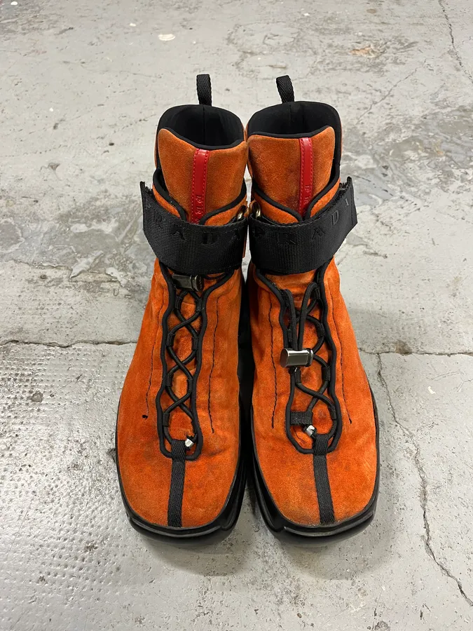 FW1999 Prada Orange & Black High Suede Leather Sneakers - Image 5