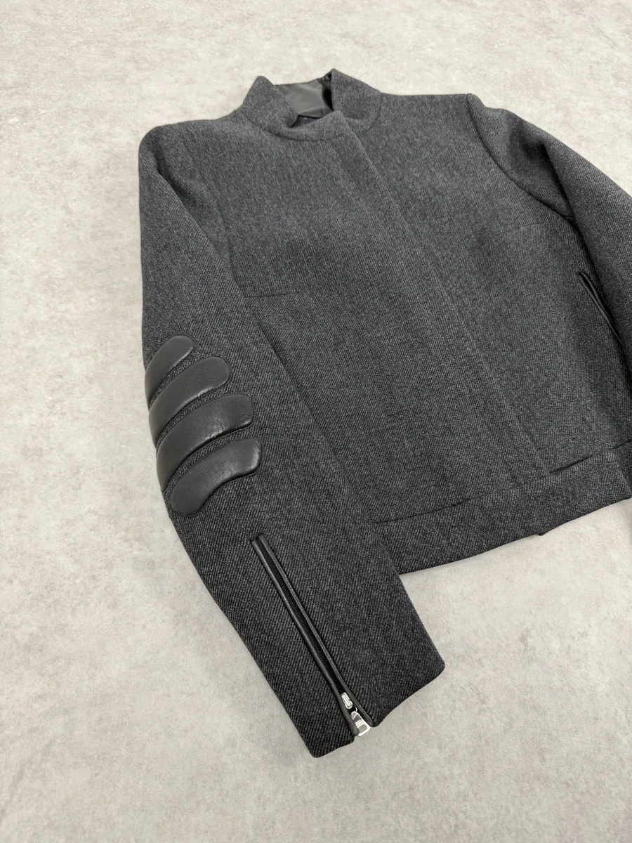 FW1999 Prada Padded Grey Wool Black Leather Biker Jacket - Image 5
