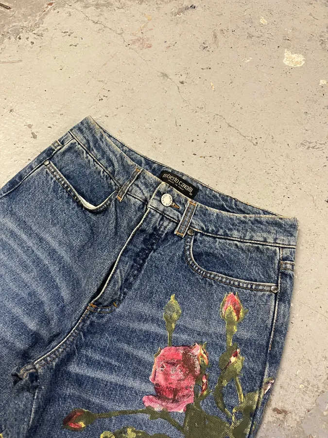 FW1999 Roberto Cavalli Blue Denim Flowers Royal Jeans - Image 5