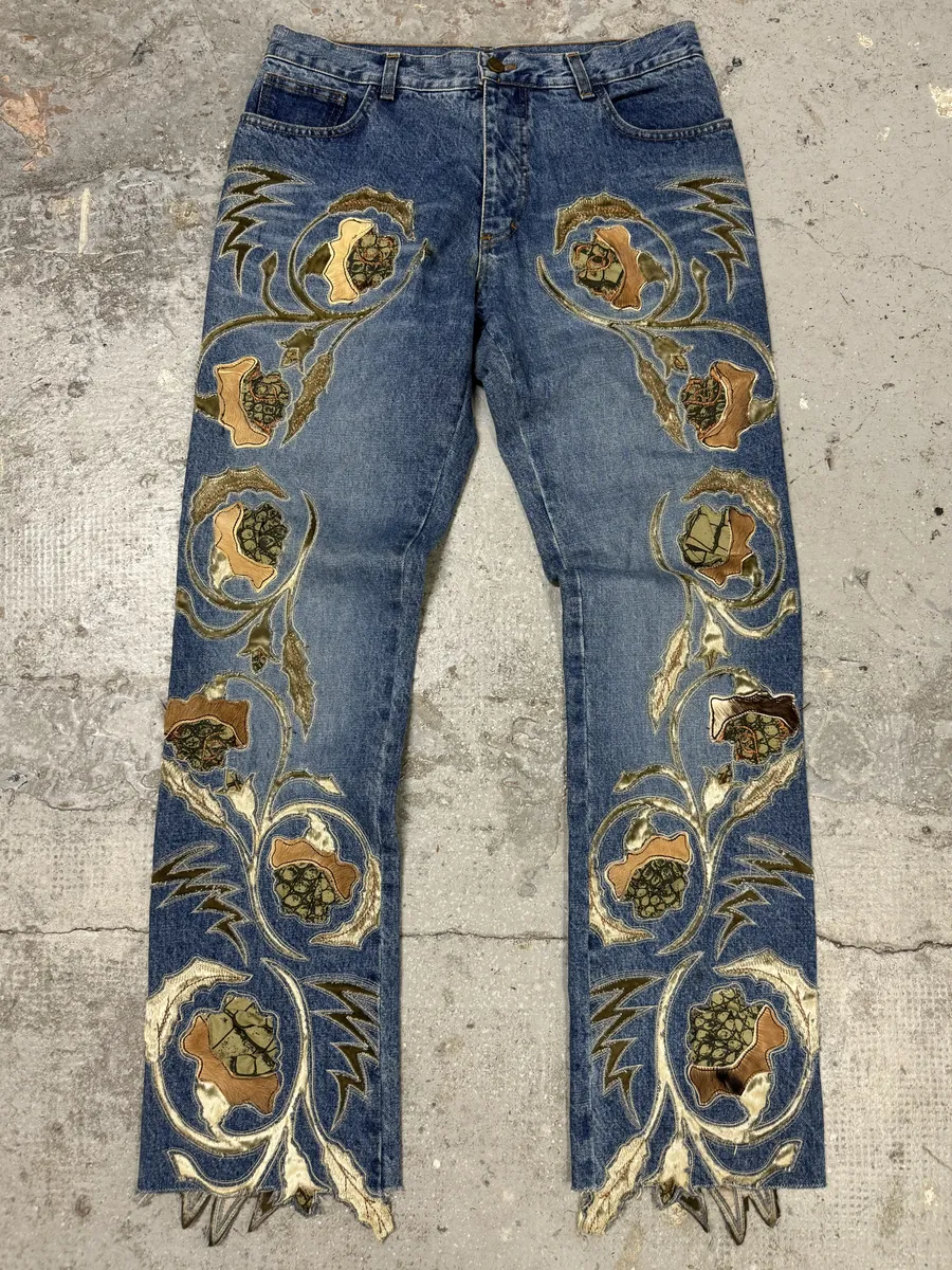 FW1999 Roberto Cavalli Blue Embroidered Flowers Denim Jeans
