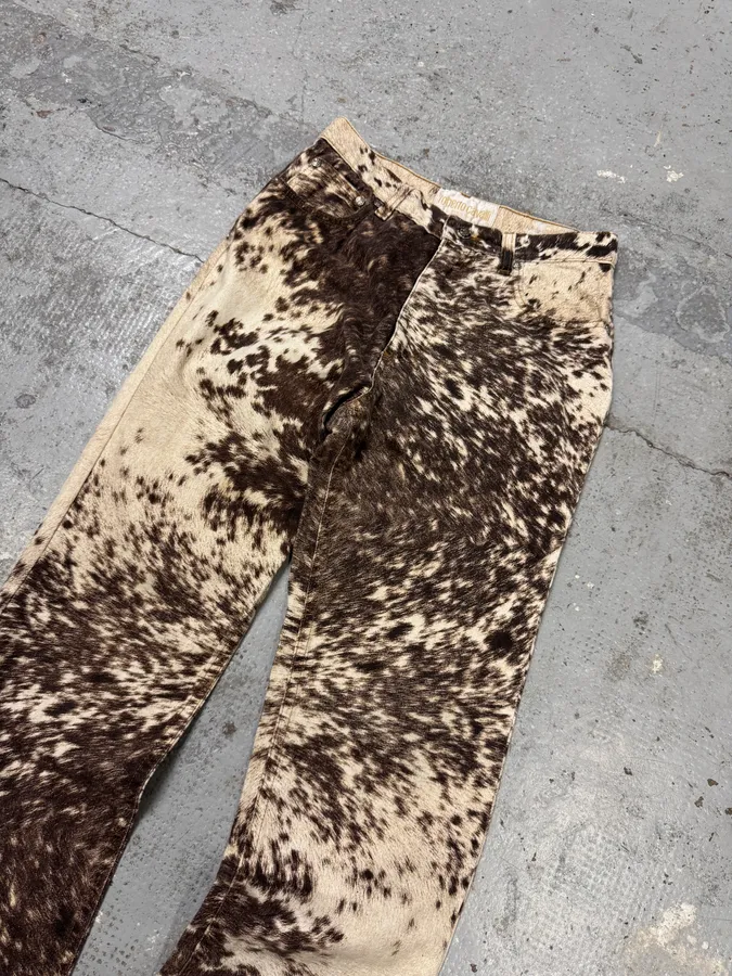 FW1999 Roberto Cavalli Cow Print Fury Movement Effect Brown & Beige Pants - Image 2