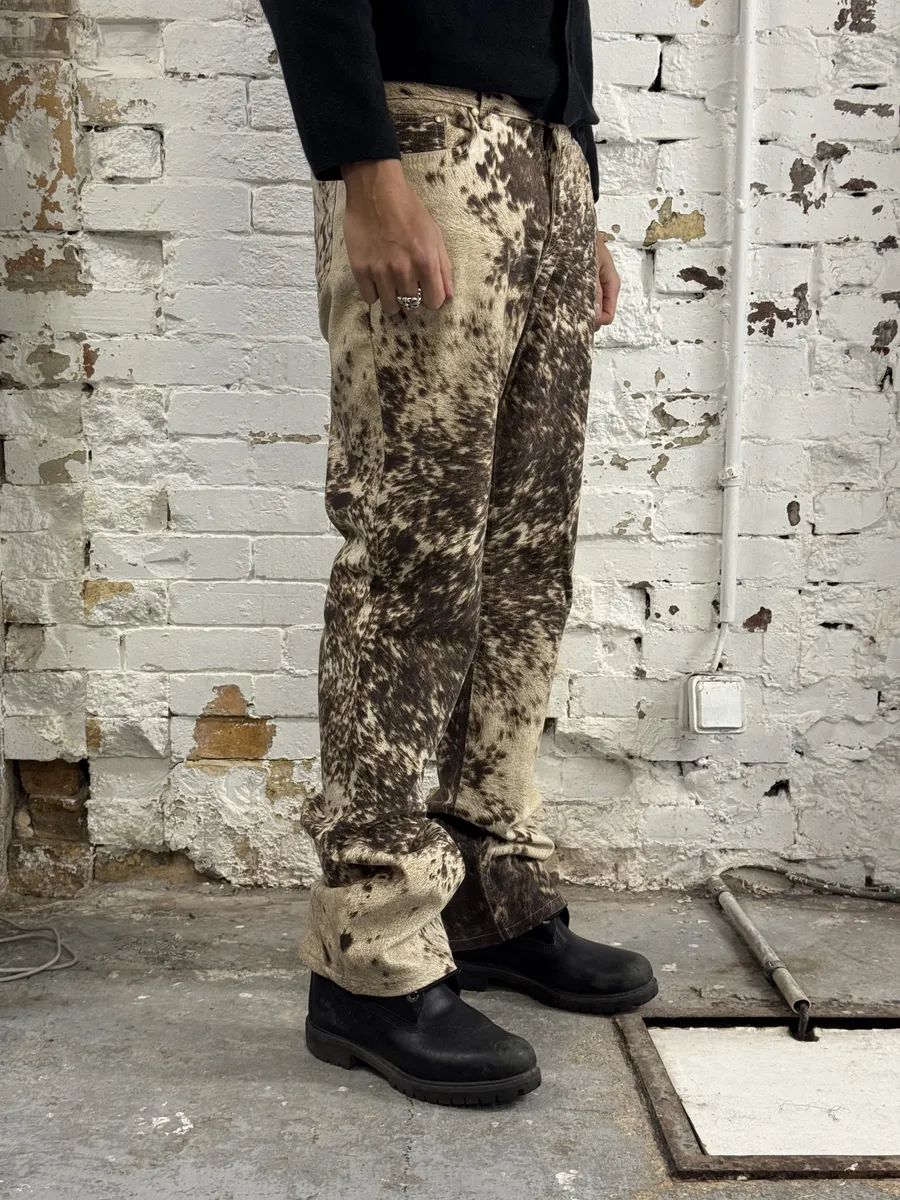 FW1999 Roberto Cavalli Cow Print Movement Effect Brown & Beige Pants - Image 4