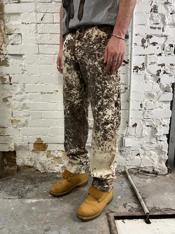 FW1999 Roberto Cavalli Fur Movement Cow Print Beige Pants - Image 3