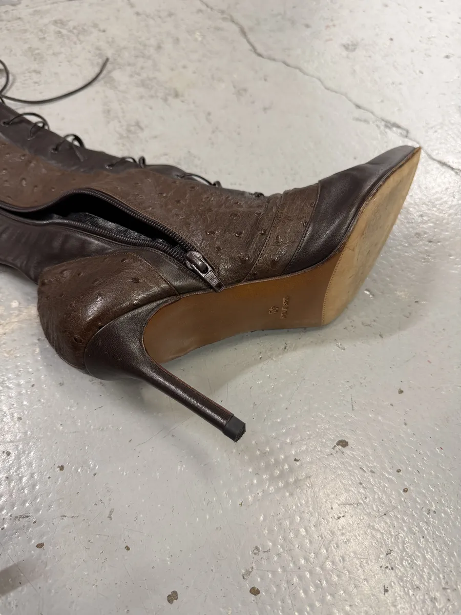 FW2000 Christian Dior Ostrich Brown Laced Leather Heels Boots - Image 8