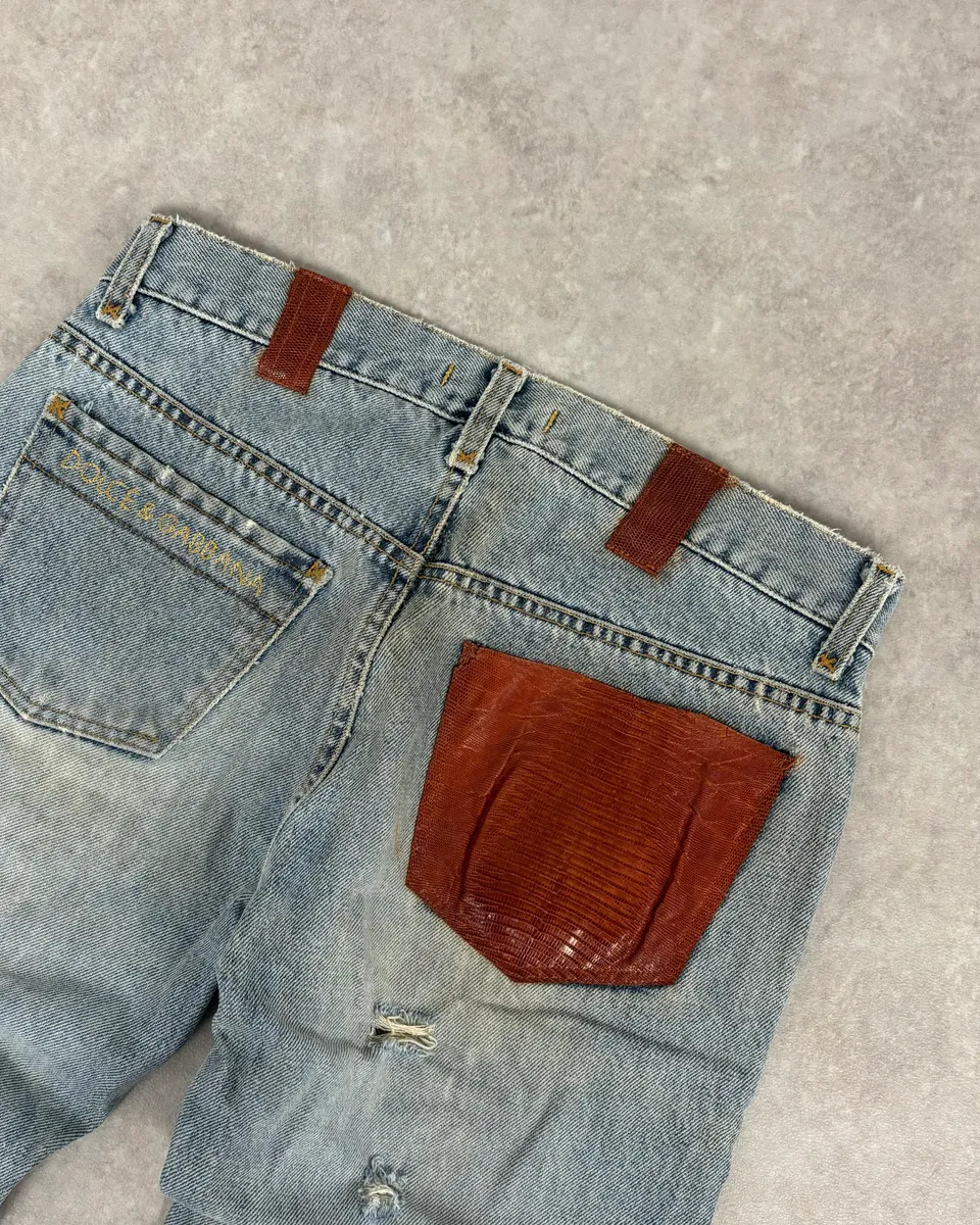 FW2000 Dolce & Gabbana Blue Irregular Red Pocket Custom Denim Jeans - Image 7