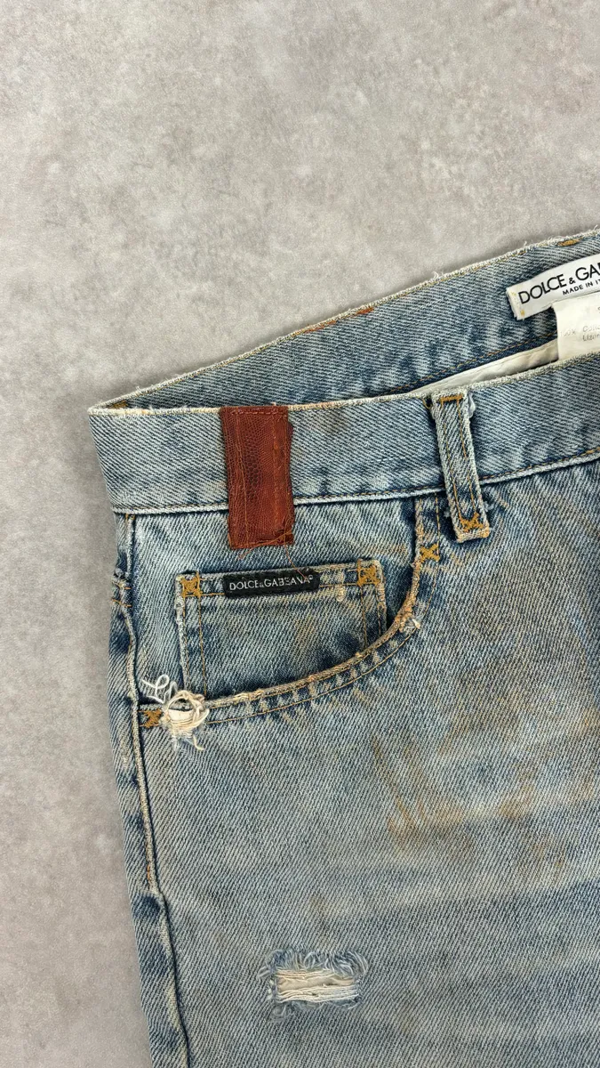 FW2000 Dolce & Gabbana Blue Irregular Red Pocket Custom Denim Jeans - Image 9