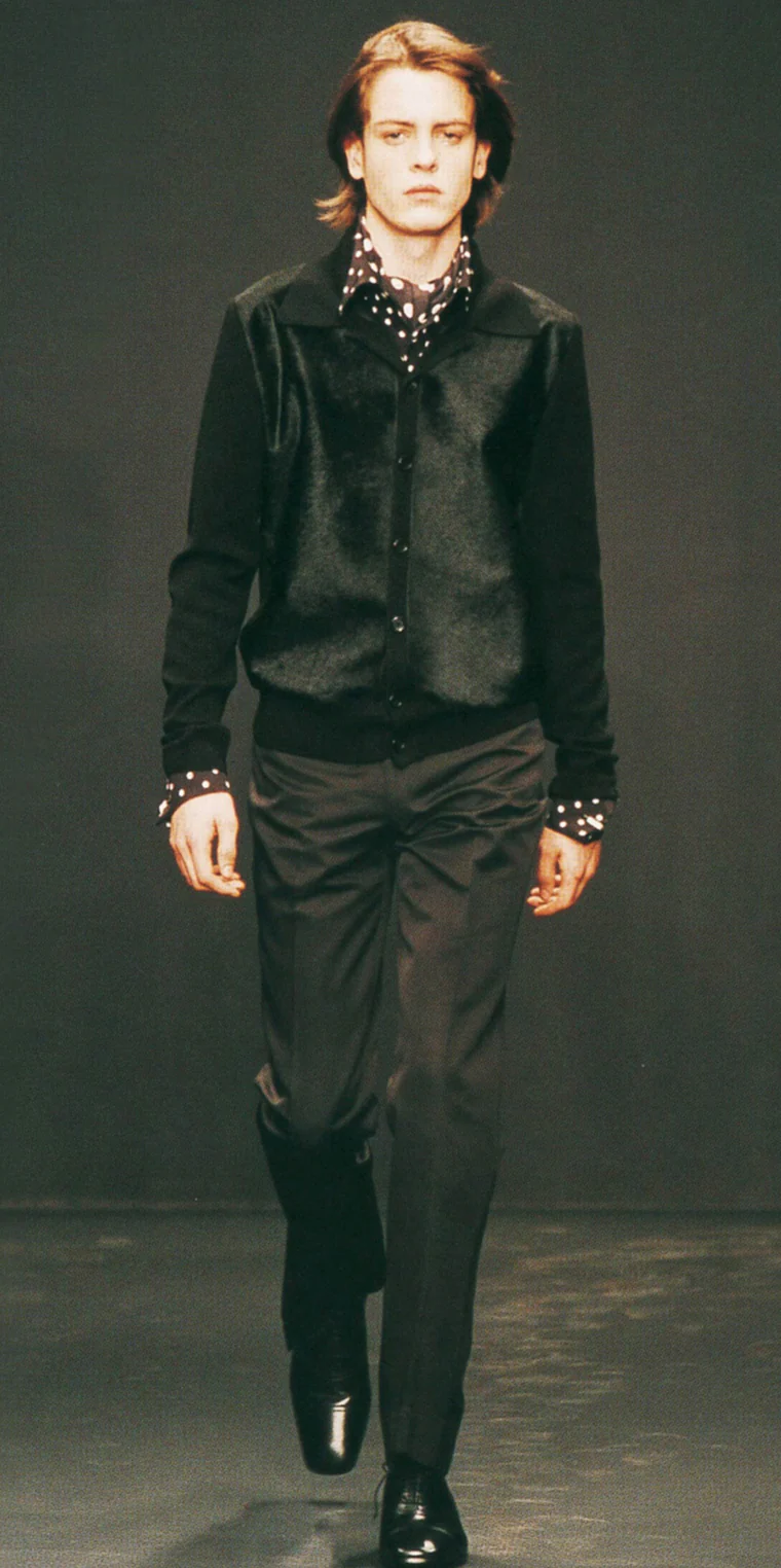 FW2000 Prada Navy Wool & Black Pony Hair Leather Zip-Up Sweater - Image 3