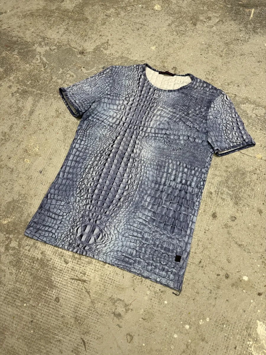 FW2000 Roberto Cavalli Blue Crocodile Effect Tee-Shirt - Image 7