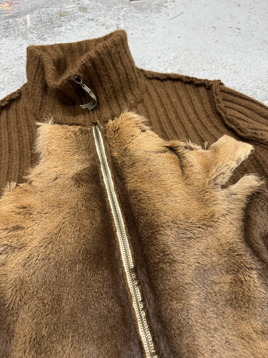 FW2000 Roberto Cavalli Brown Pony Hair Wool Zip-up Sweater - Image 4
