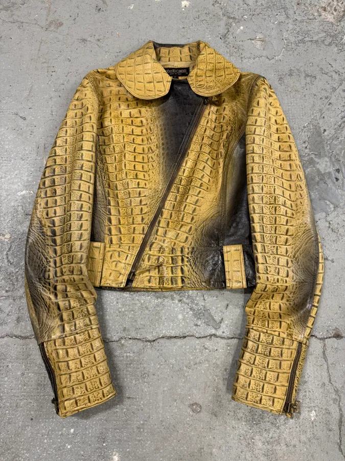 FW2000 Roberto Cavalli Crocodile Effect Asymmetrical Leather Jacket
