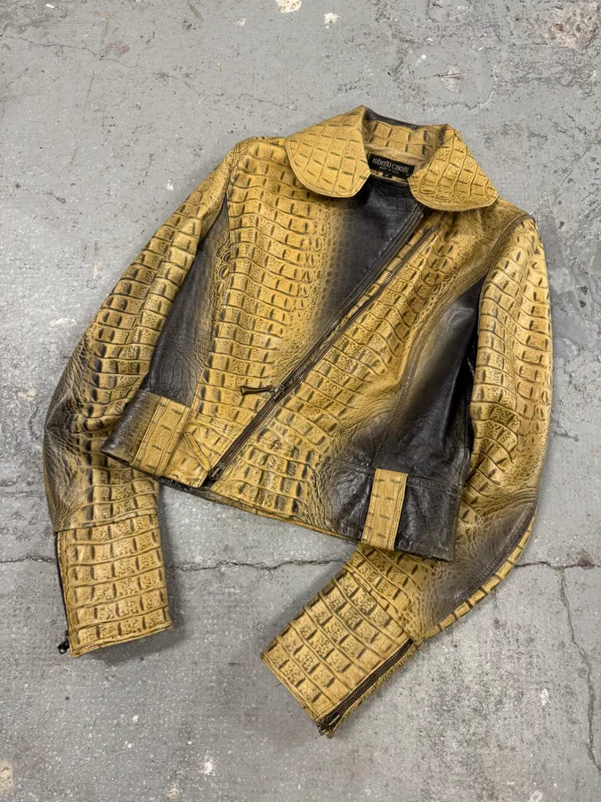 FW2000 Roberto Cavalli Crocodile Effect Asymmetrical Leather Jacket - Image 6