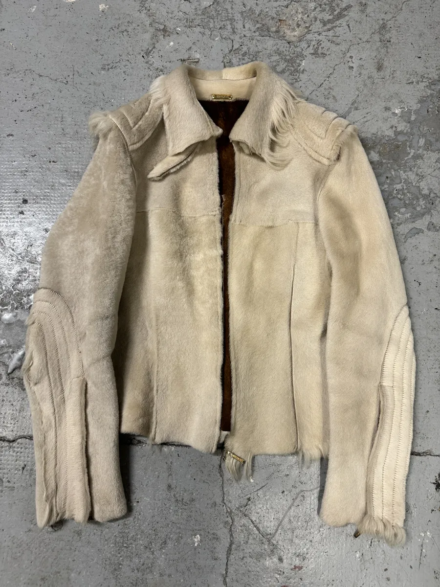 FW2001 Roberto Cavalli Biker Beige Pony Hair Leather Jacket - Image 5