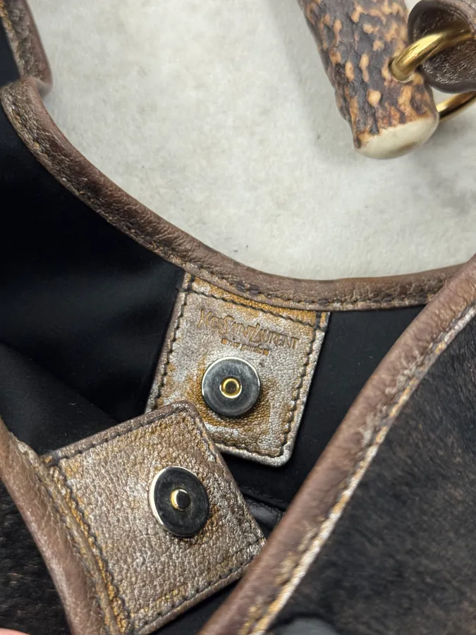 FW2001 Yves Saint Laurent Black Golden Pony Hair Leather Mombasa Horn Bag - Image 10