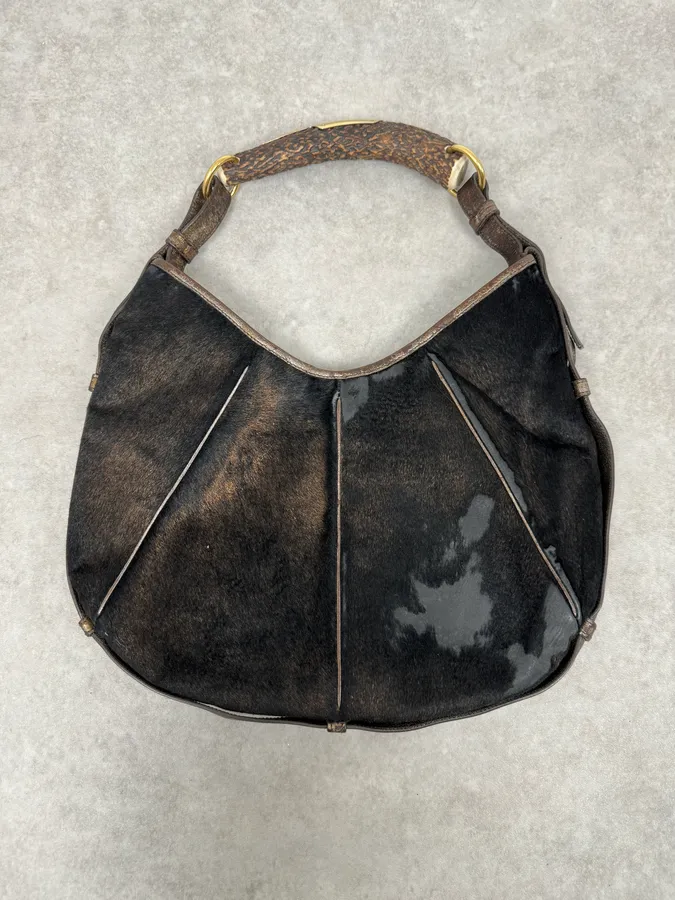 FW2001 Yves Saint Laurent Black Golden Pony Hair Leather Mombasa Horn Bag - Image 3