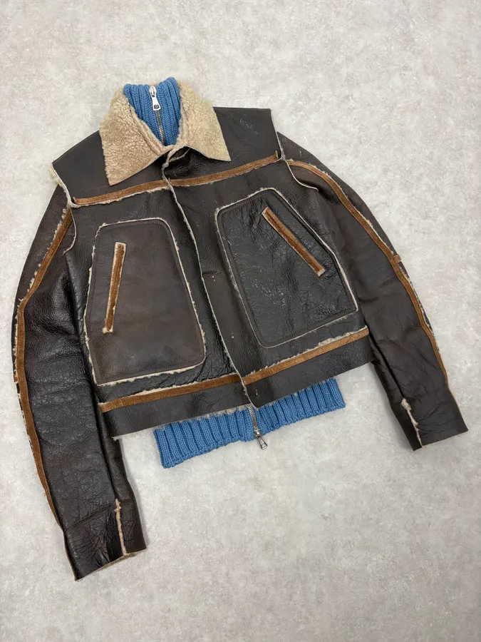 FW2002 Dsquared2 Brown Leather & Blue Wool Layered Sherling Jacket - Image 5