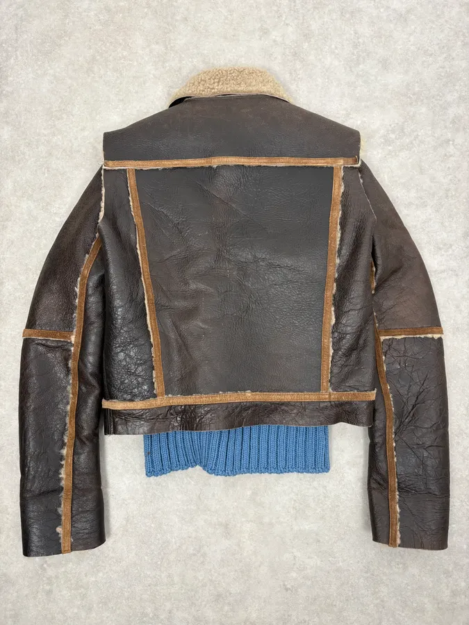FW2002 Dsquared2 Brown Leather & Blue Wool Layered Sherling Jacket - Image 7