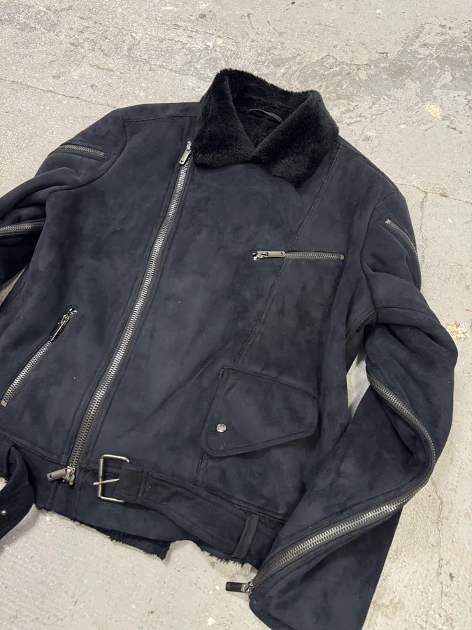 FW2002 Emporio Armani Tornado Arm Zips Asymmetrical Navy Jacket - Image 3