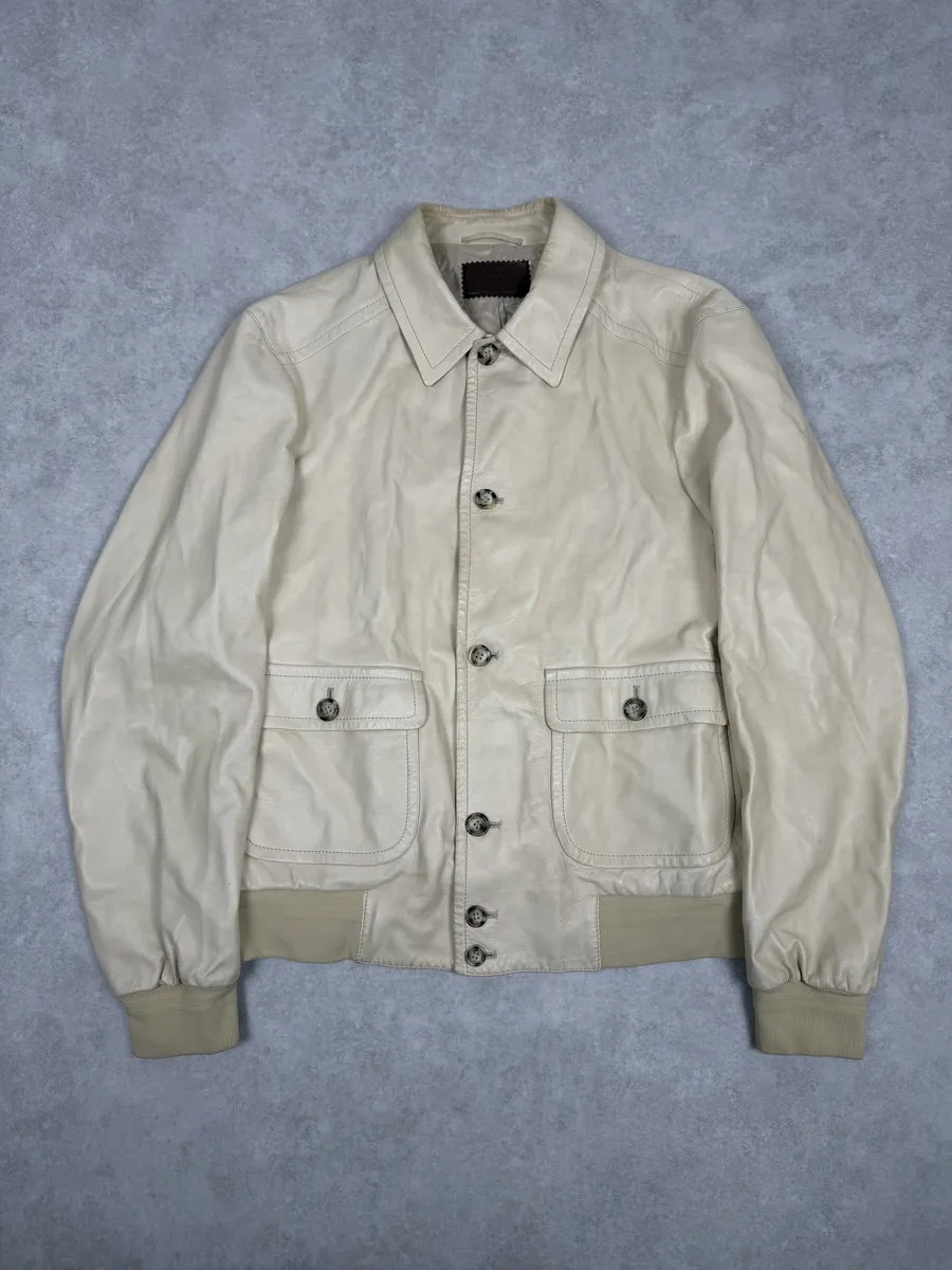 FW2002 Prada Beige Buttoned Leather Classy Jacket