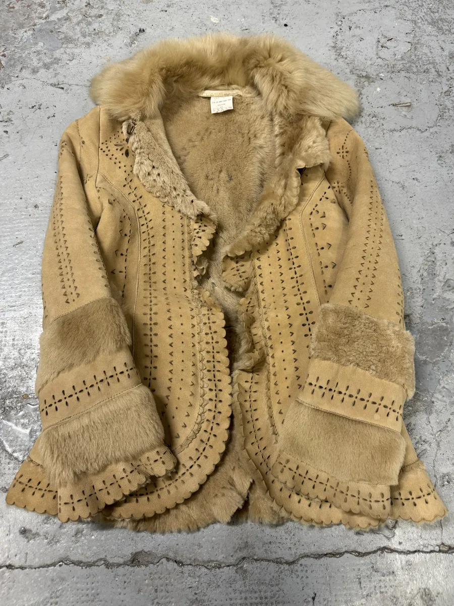 FW2002 Roberto Cavalli Fur Beige Leather Perfored Jacket - Image 6