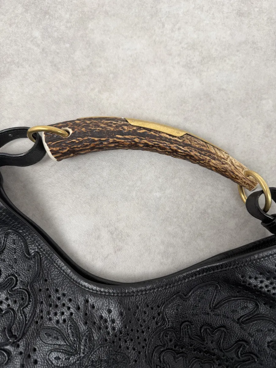 FW2002 Yves Saint Laurent Mombasa Embossed Flowers Black Leather Horn Handle Bag - Image 12