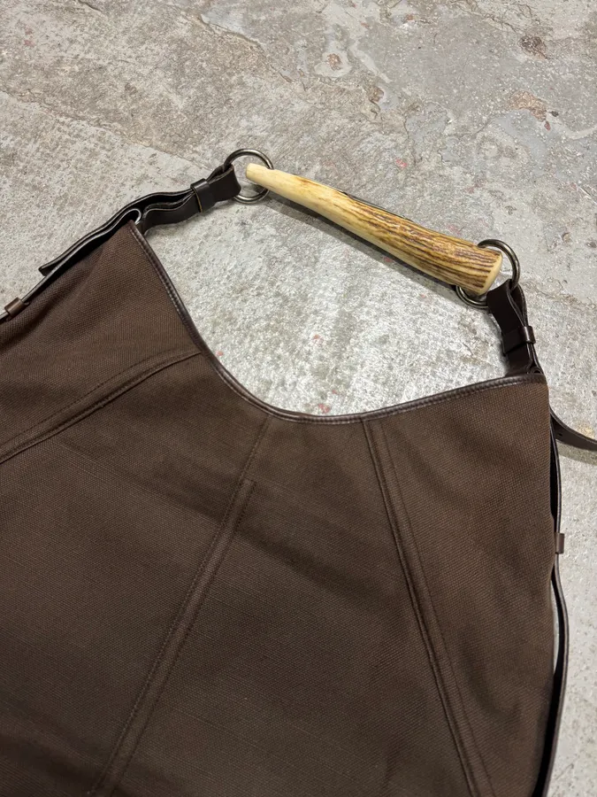 FW2002 Yves Saint Laurent Tom Ford Mombasa Organic Metal Horn Handle Brown Canva Bag - Image 3